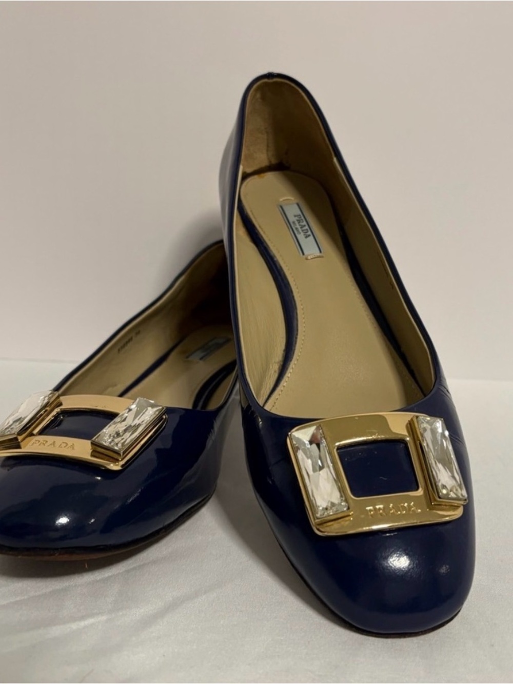 Prada Navy Patent Leather Crystal Buckle Block Heel